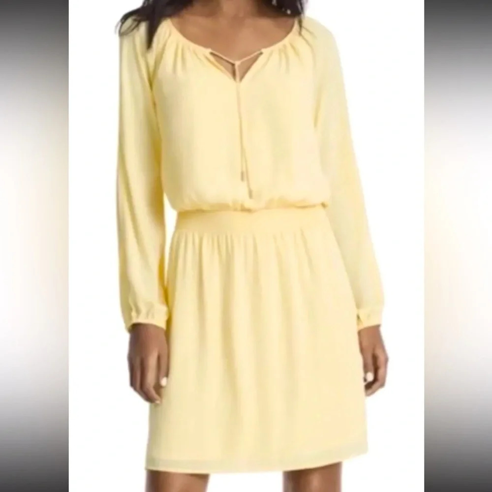 White House Black Market Women's Yellow Lined Cinch Waist Fall Dress Long Sleeve